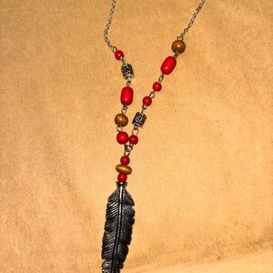 Paparazzi Silver Feather Necklace with Red and Brown Beads